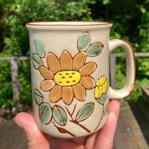 Vintage Stoneware Speckled Glaze Painted Floral Mug!